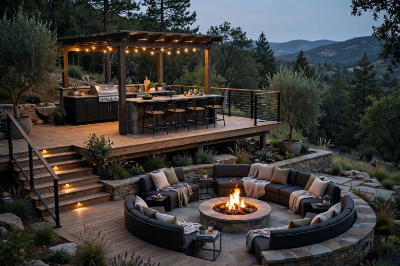 multi tier deck: low lounge level with cushioned seating