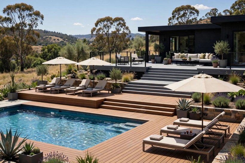 multi tier deck: built-in bench seating along a deck edge