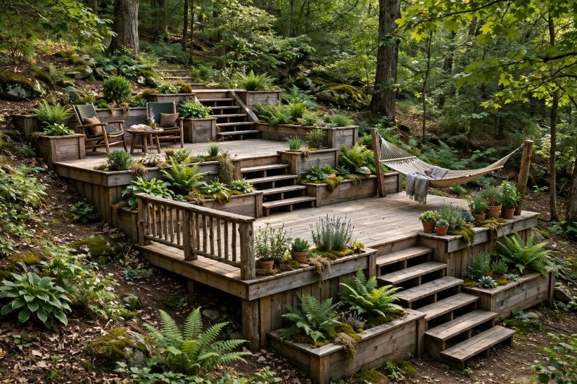 multi tier deck: string lights glowing over evening tiers