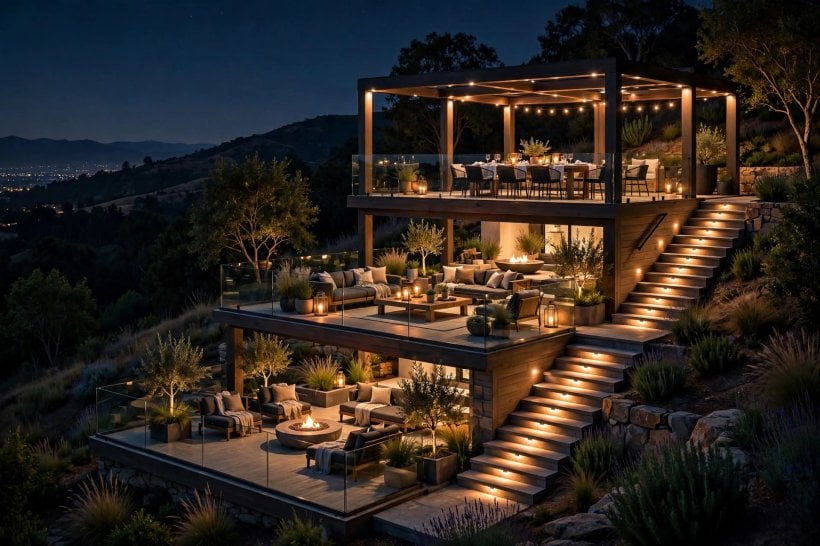 multi tier deck: compact tiered deck in a small backyard