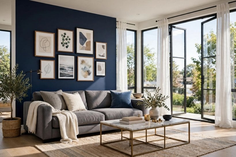 navy blue walls: a living room feature wall behind a pale sofa and brass lamps