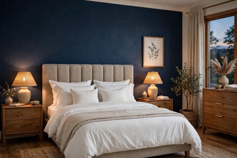 navy blue walls: a calm bedroom with a navy wall behind the headboard and white bedding