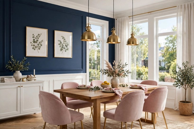 navy blue walls: a dining room with a navy panelled accent wall, botanical prints, brass pendant lights and pink chairs around a wooden table