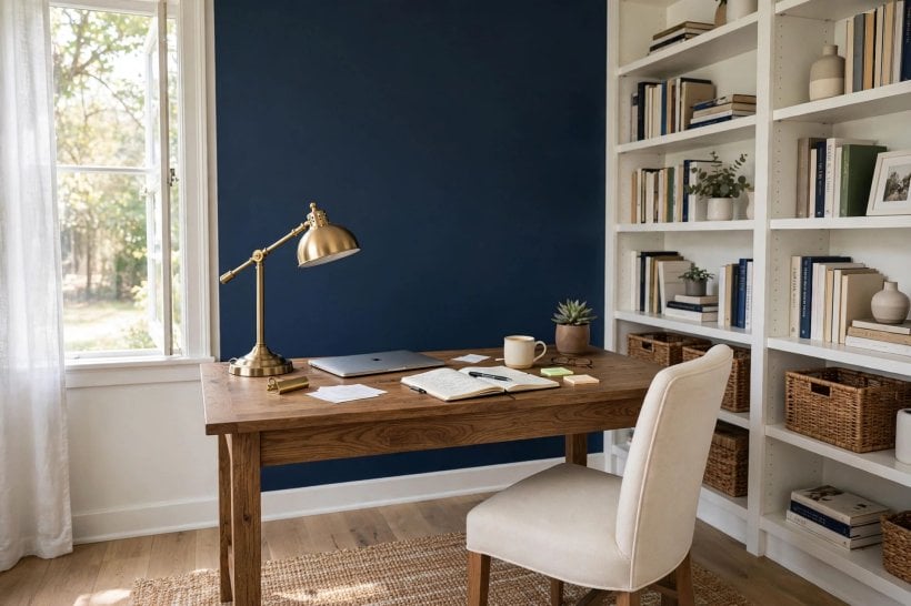 navy blue walls: a home office with a navy accent wall behind a wooden desk and brass lamp, beside white bookshelves