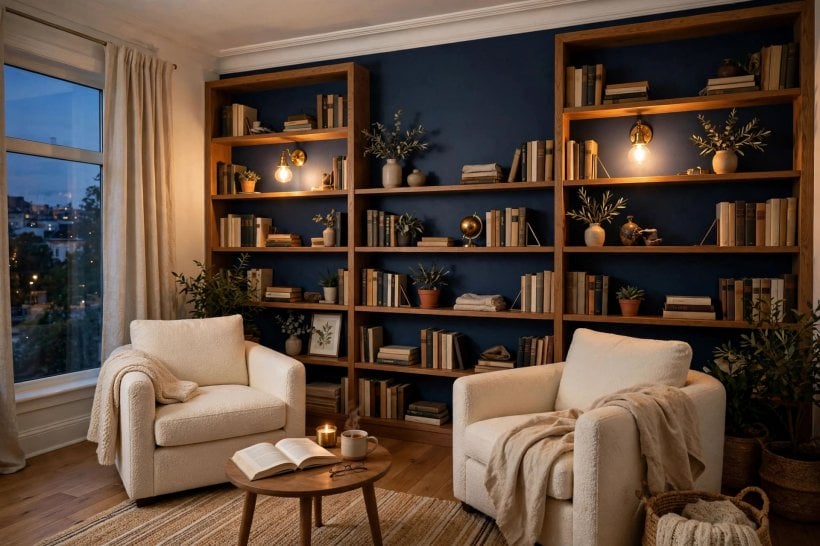 navy blue walls: a compact hallway painted in deep navy with crisp white trim