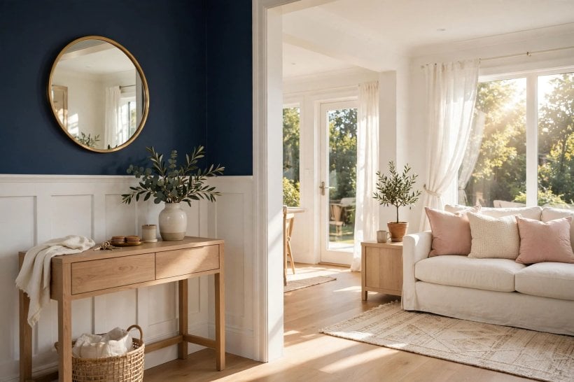 navy blue walls: a freshly painted navy feature wall with a crisp white ceiling line