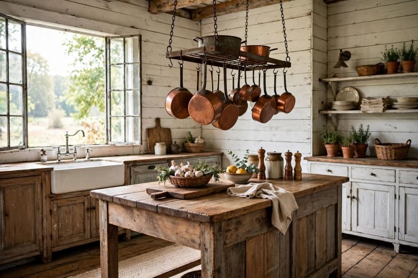 old farmhouse: a wraparound porch with rocking chairs and potted herbs