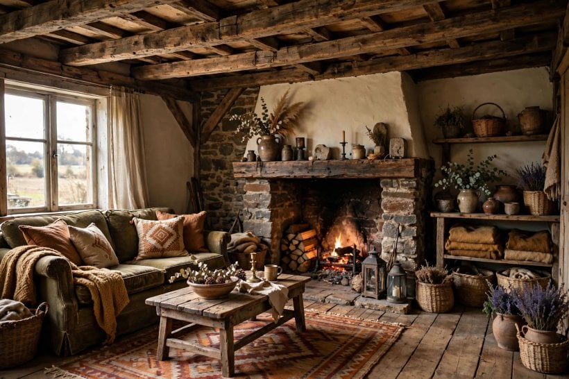 old farmhouse: exposed beams and a stone fireplace in a cosy living room