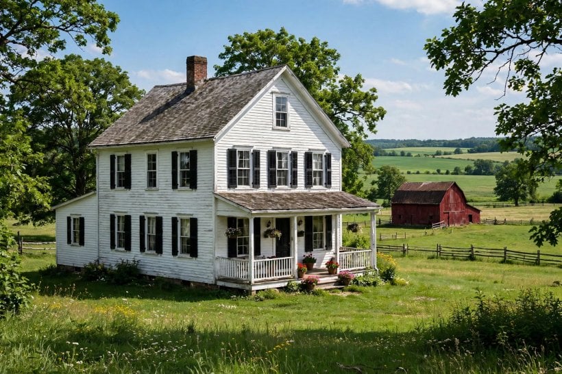 old farmhouse: an iron bed layered with quilts and linen
