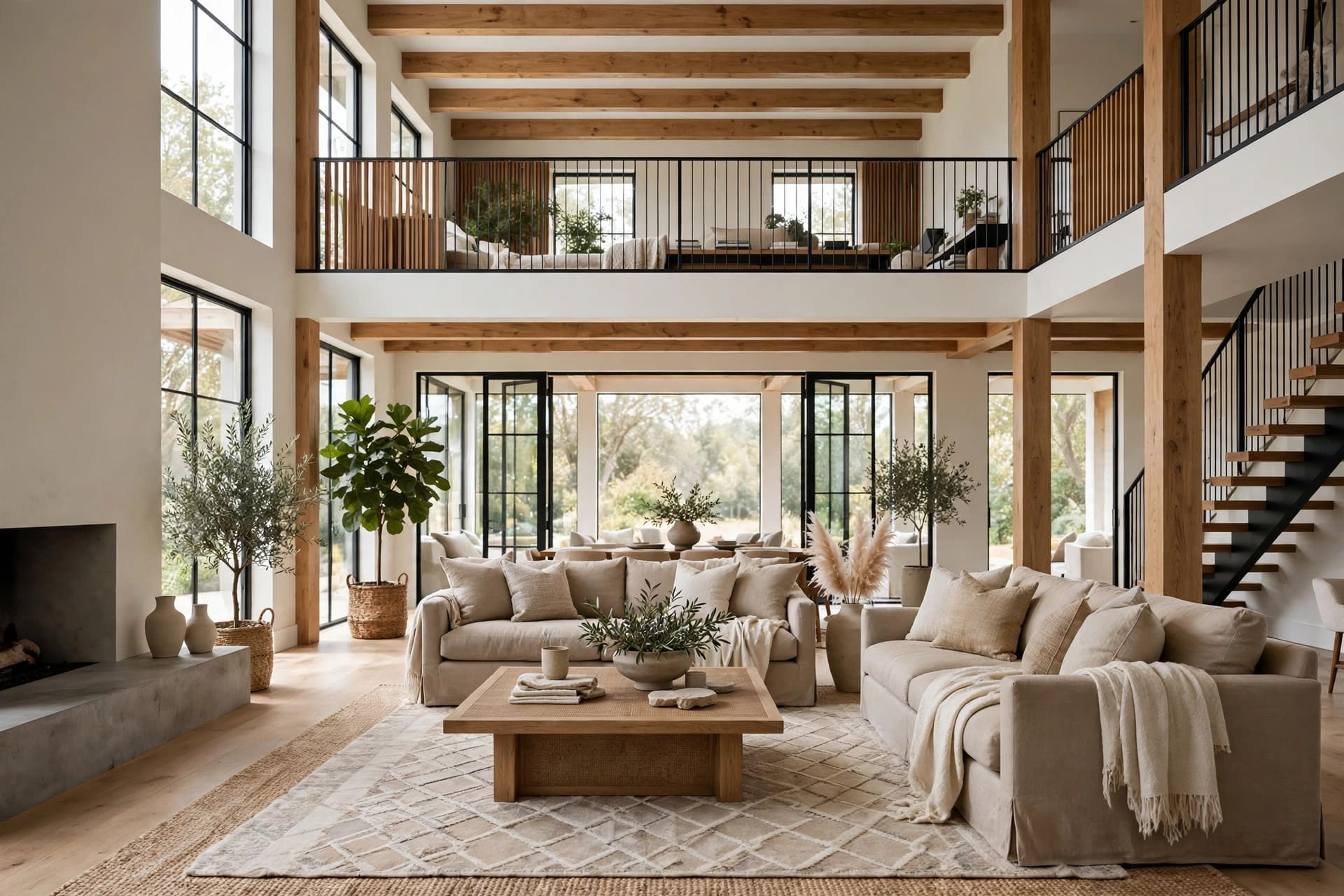 open concept living room ideas: layered rugs anchoring the lounge and dining zones