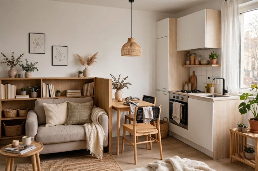 open concept living room ideas: a low media wall with closed cabinets and open shelves