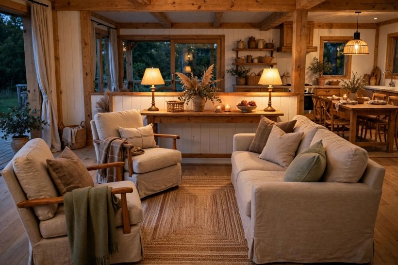 open concept living room ideas: a compact open plan with light, multi-tasking furniture