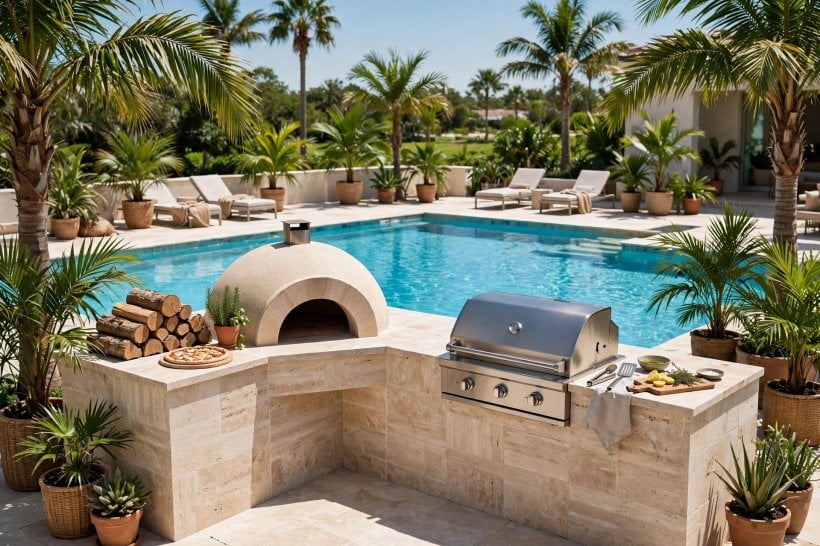 built in outdoor grills designs: long prep counter beside a stone island
