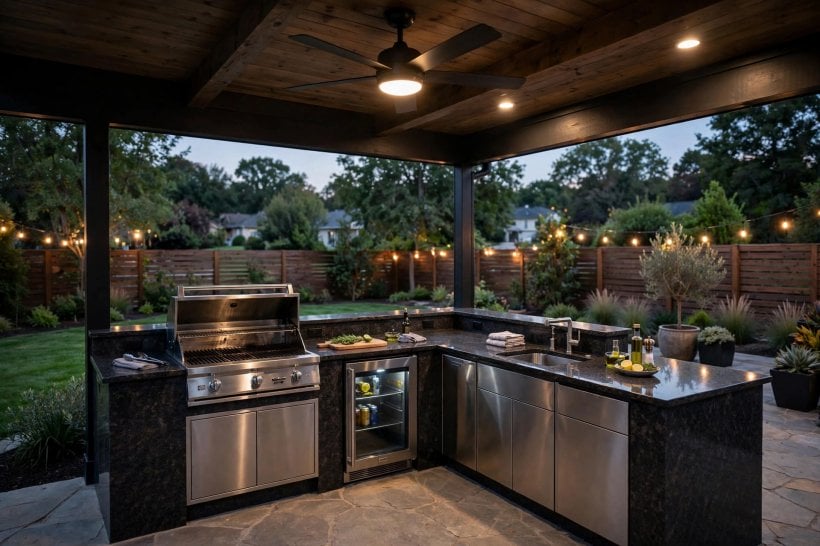 built in outdoor grills designs: storage cabinets and fridge in an island