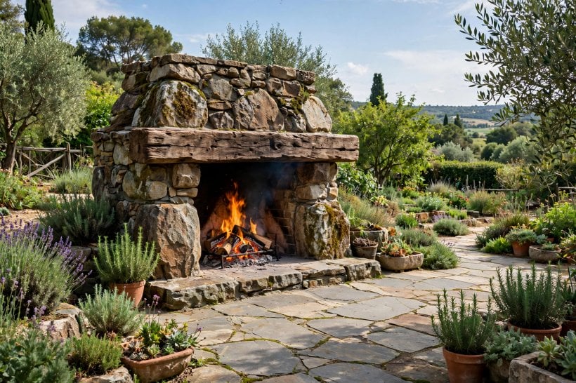 outdoor fireplace pictures: traditional stone fireplace with seating on a patio