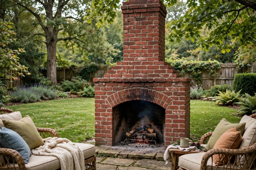 outdoor fireplace pictures: chunky timber mantel styled with lanterns
