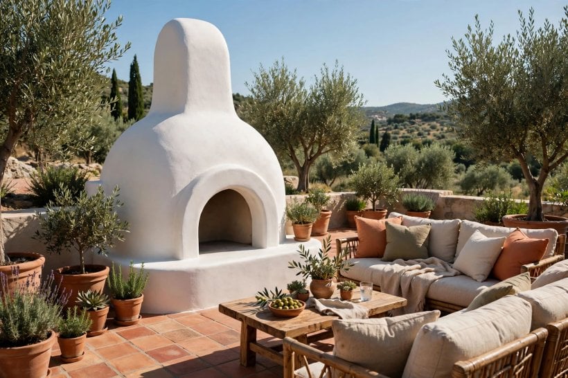 outdoor fireplace pictures: curved bench seating around an outdoor fireplace