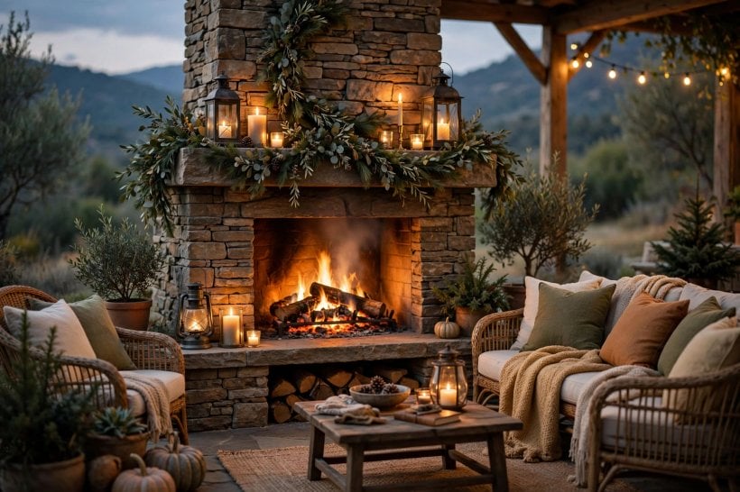 outdoor fireplace pictures: fireplace glowing at dusk with lanterns nearby