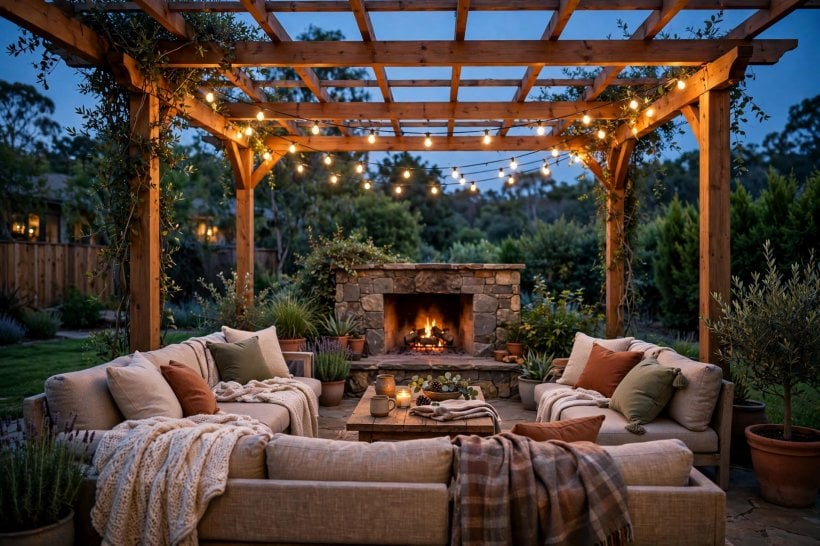 outdoor fireplace pictures: styled mantel with cushions and throws by the fire