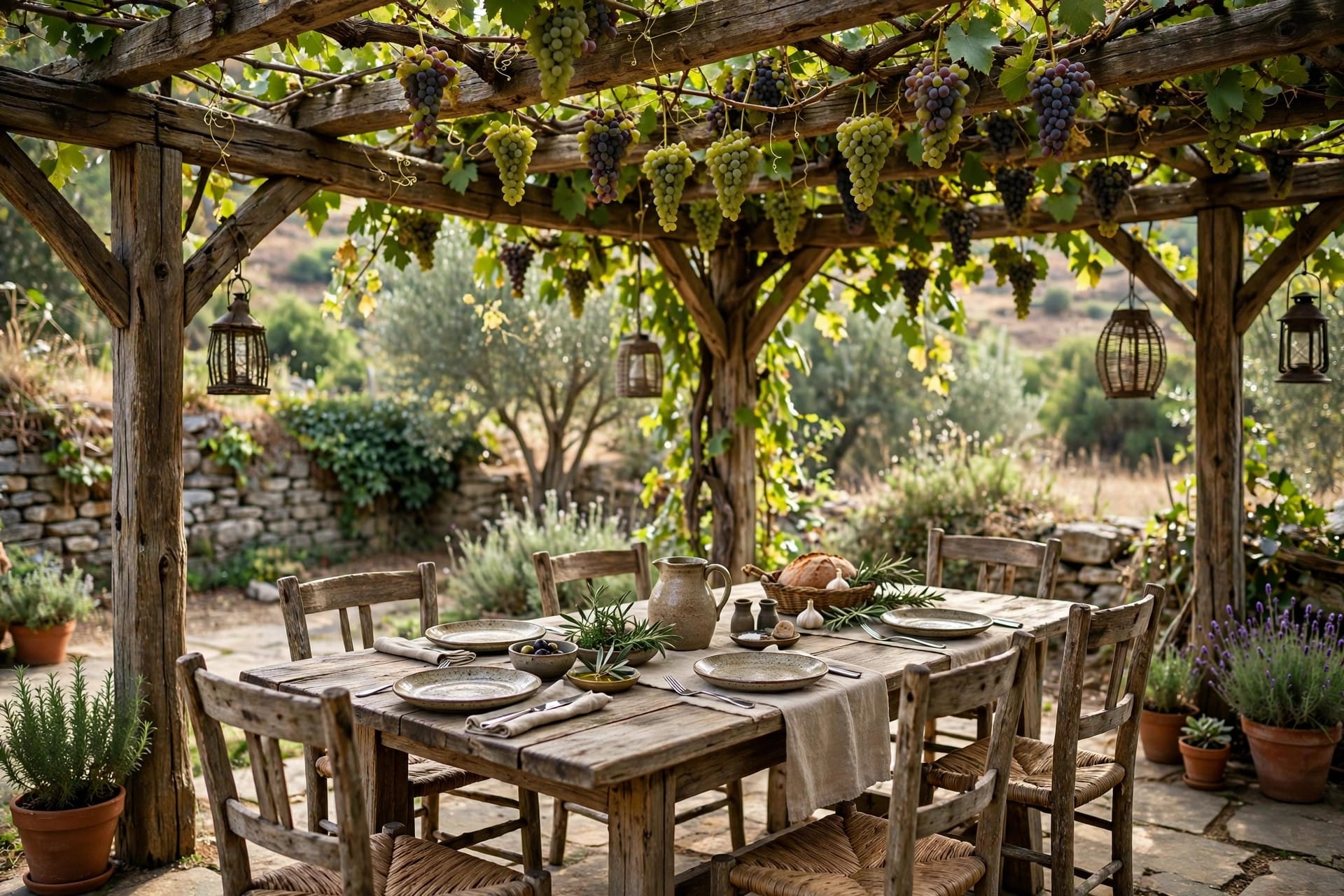 outdoor living spaces: string lights and lanterns over an evening patio seating area