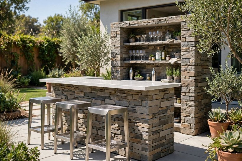 outside bar designs: tiki themed bar with bamboo and planting