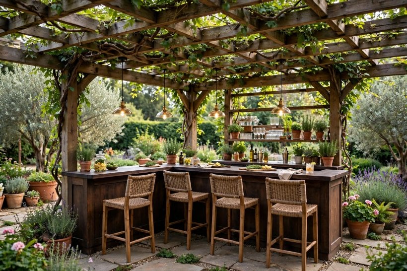 outside bar designs: timber and stone worktop choices for a garden bar
