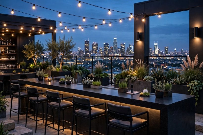 outside bar designs: bar stools and seating around a garden counter