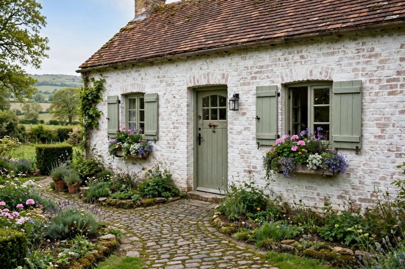 painted brick houses: front elevation with contrasting trim and soft planting