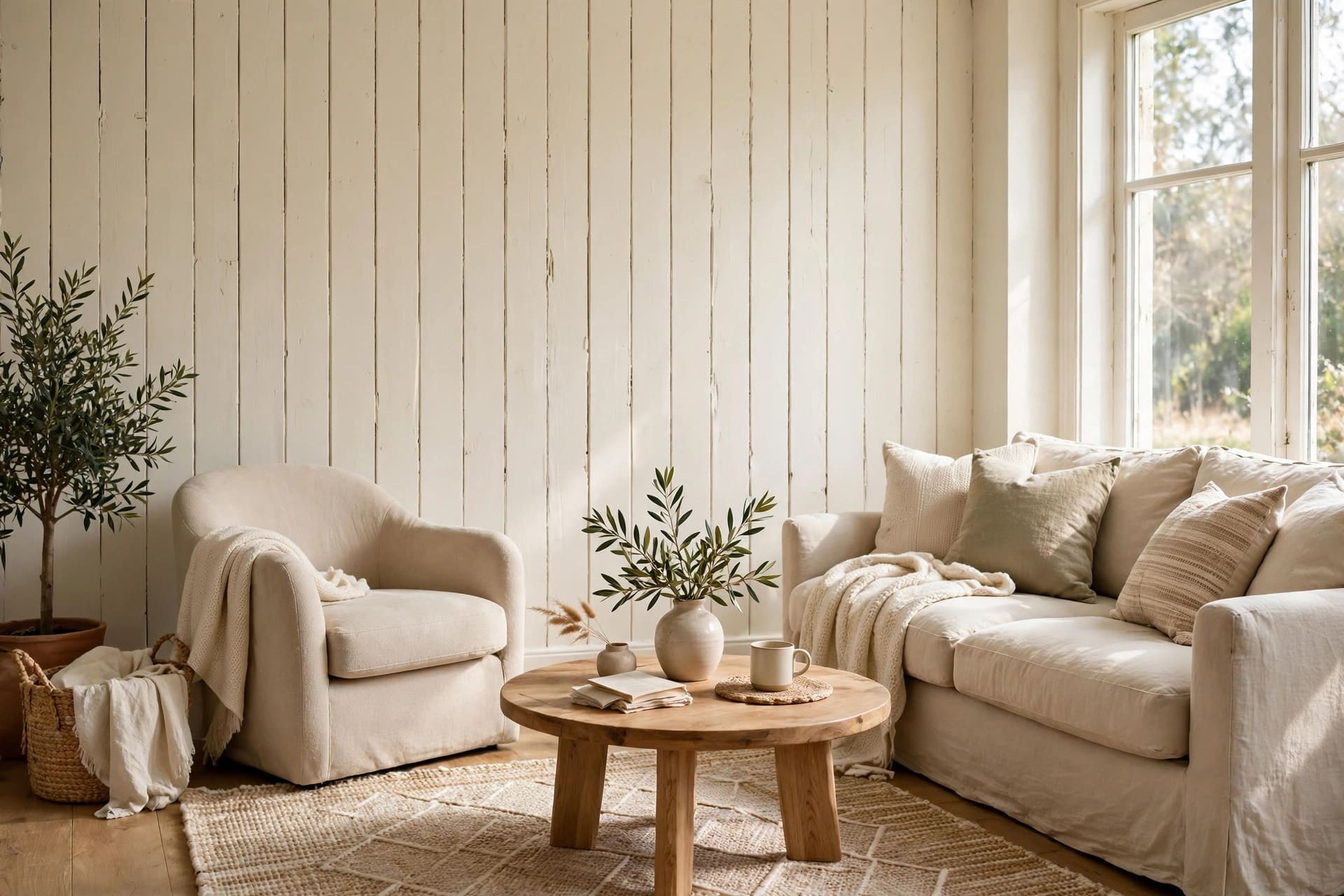 painted wood walls: bright living room with soft white paneling