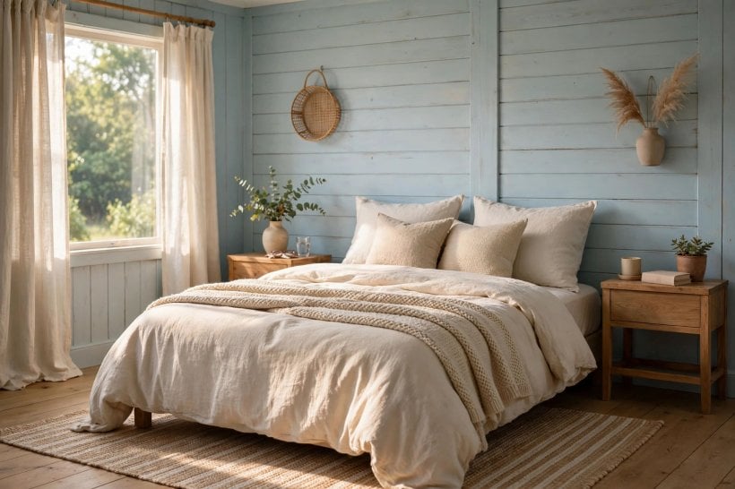 painted wood walls: calm bedroom with pale panelled walls