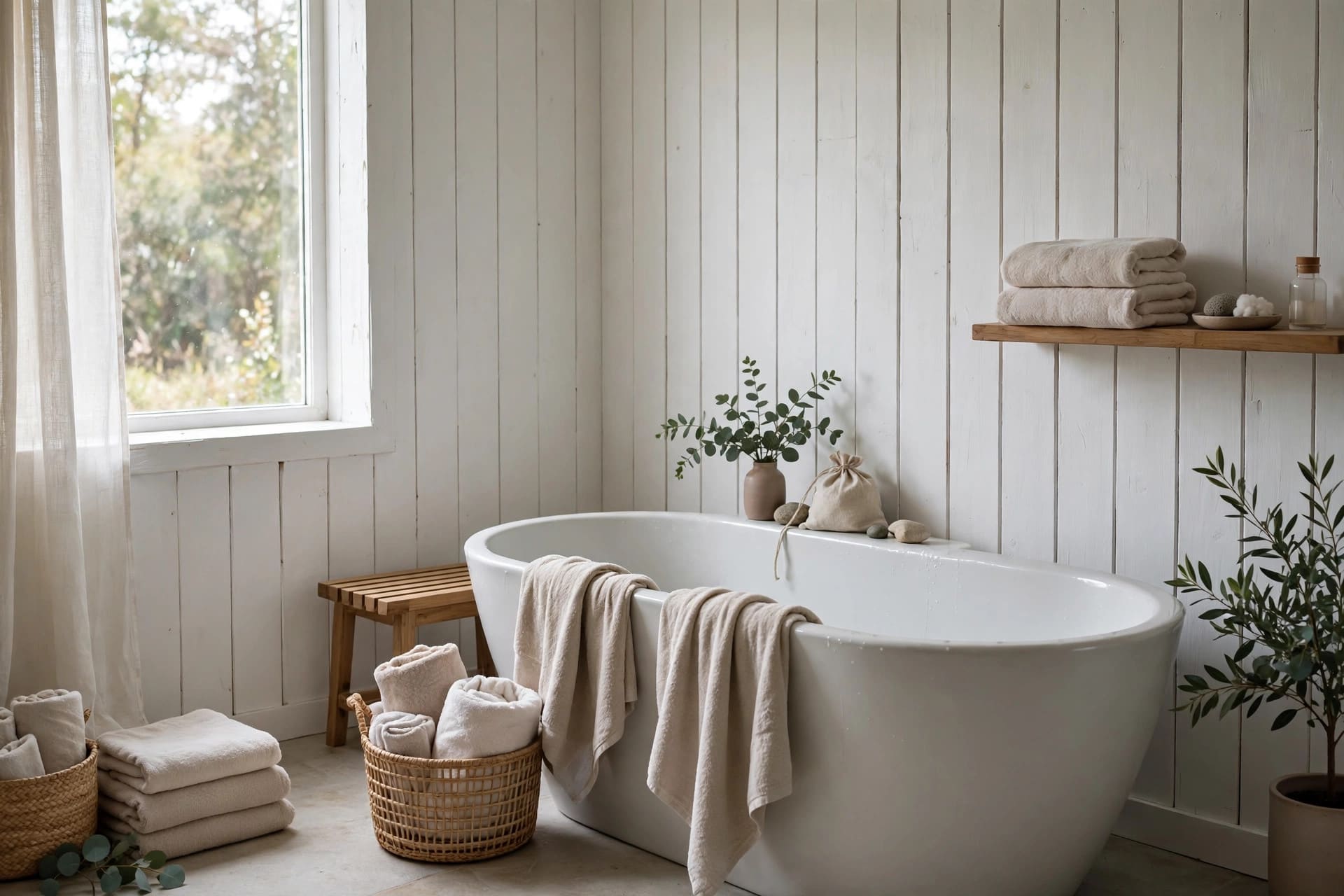 painted wood walls: cosy corner with cream paneling and simple furniture