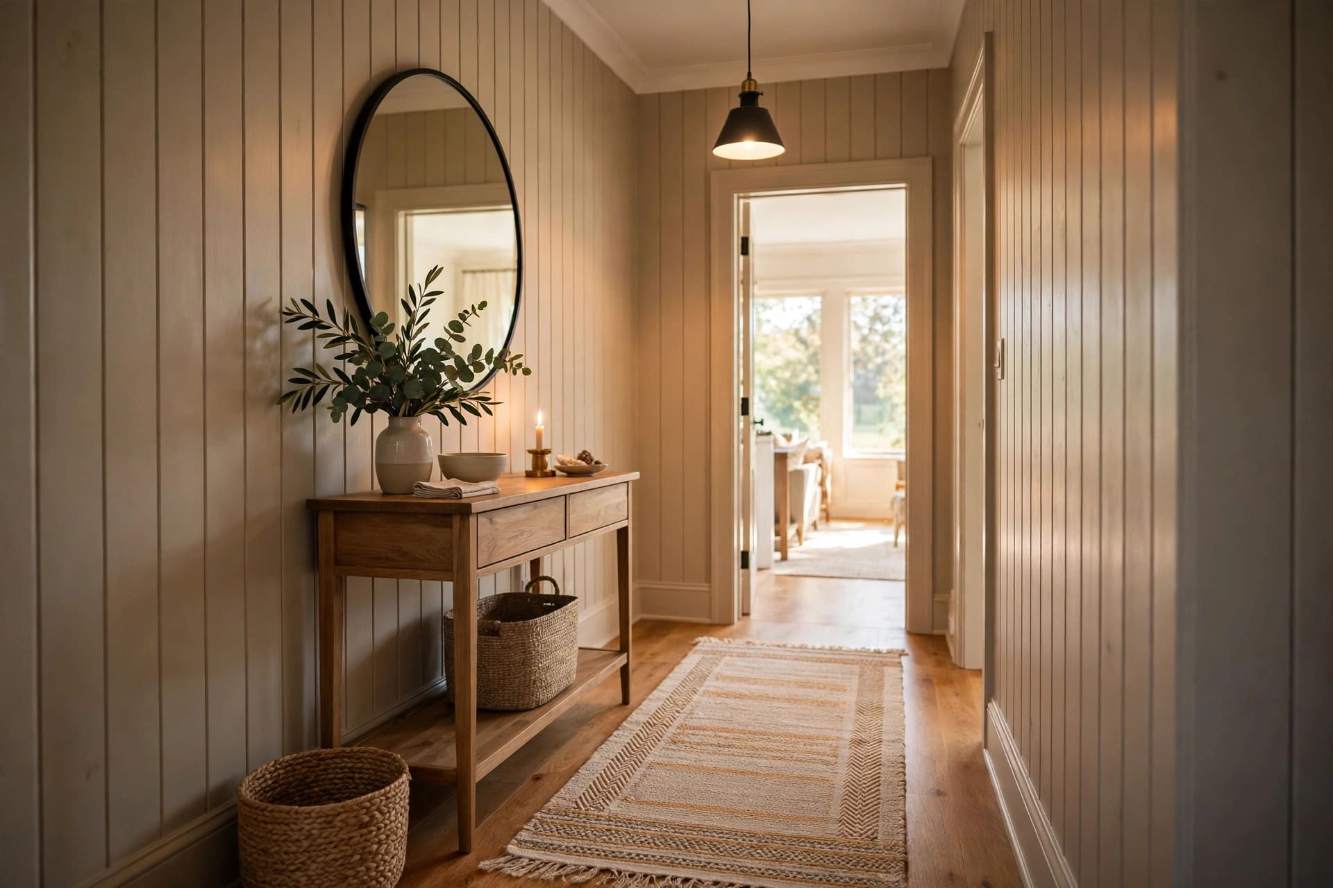 painted wood walls: small sitting area with painted grooves in soft light