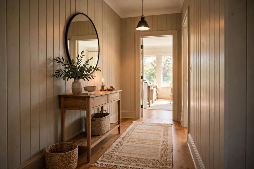 painted wood walls: small sitting area with painted grooves in soft light