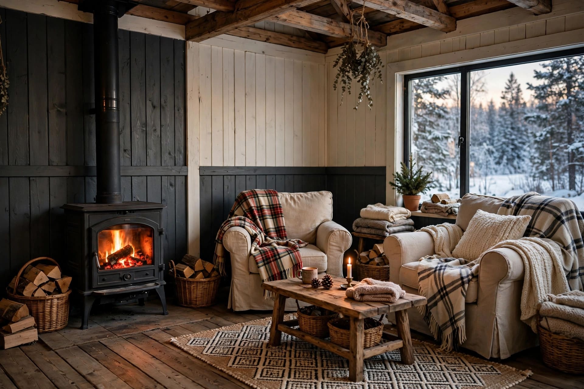 painted wood walls: relaxed room with painted paneling and natural textiles