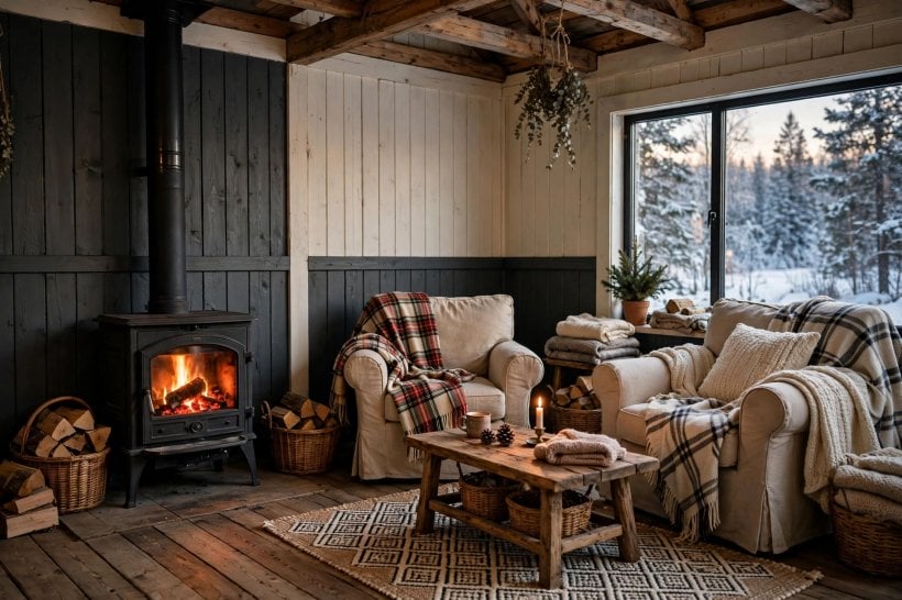 painted wood walls: relaxed room with painted paneling and natural textiles