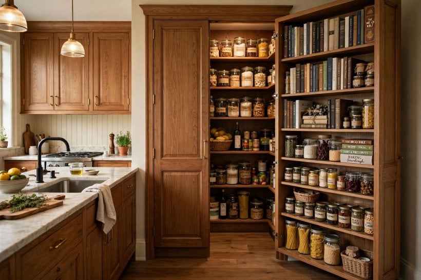 pantry door: sliding door on a visible track saving floor space in a small kitchen