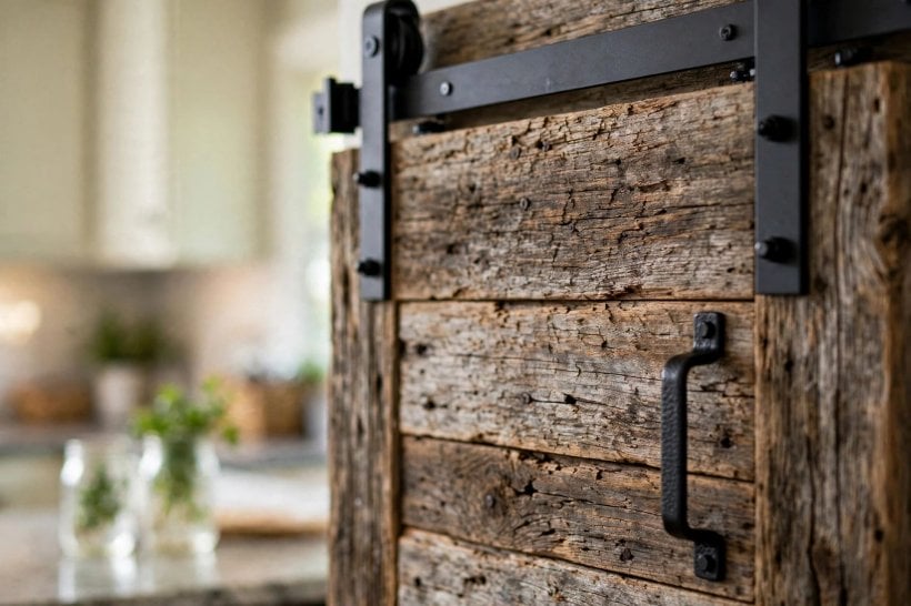 pantry door: glazed French doors letting light into a pantry with styled open shelves