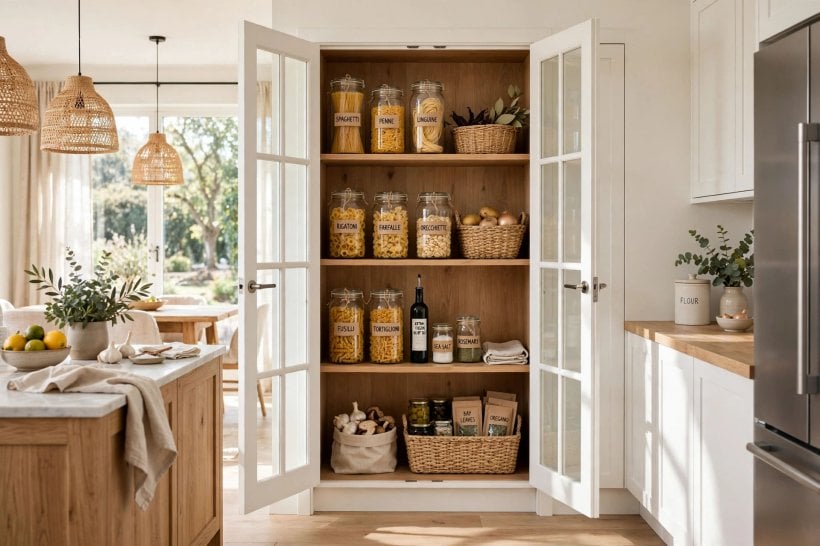 pantry door: timber barn door on an exposed black track with a chunky pull handle