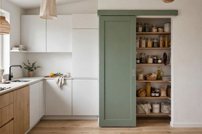 pantry door: deep green painted door with brass hardware standing out against pale kitchen units