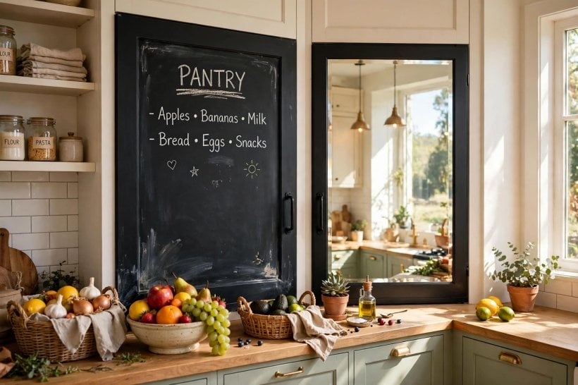 pantry door: open cased entrance to a walk-in pantry with baskets and labelled jars on shelves