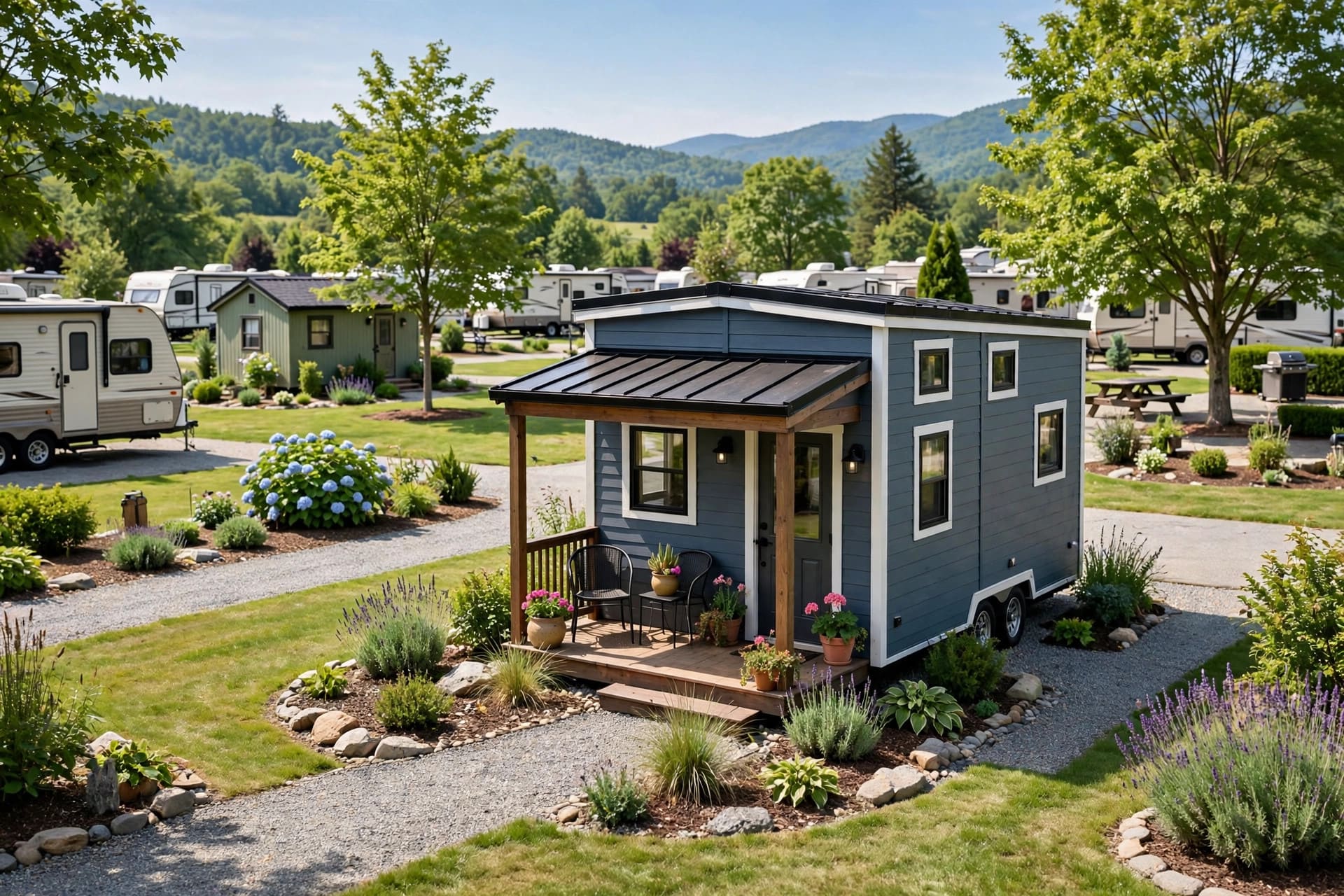 Park model tiny homes for sale — featured image of a park model home on its lot