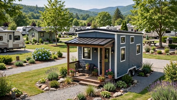 Park model tiny homes for sale — featured image of a park model home on its lot
