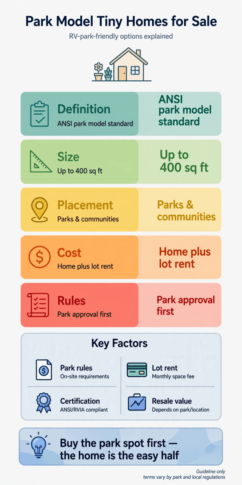 Park model tiny homes for sale — infographic summary of the ANSI standard, costs and park checks