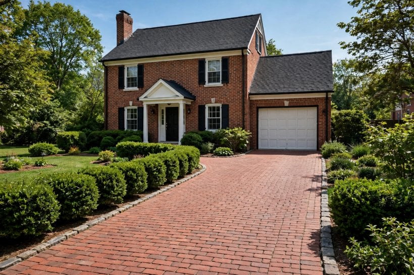 driveway pavers: herringbone pattern in warm clay tones