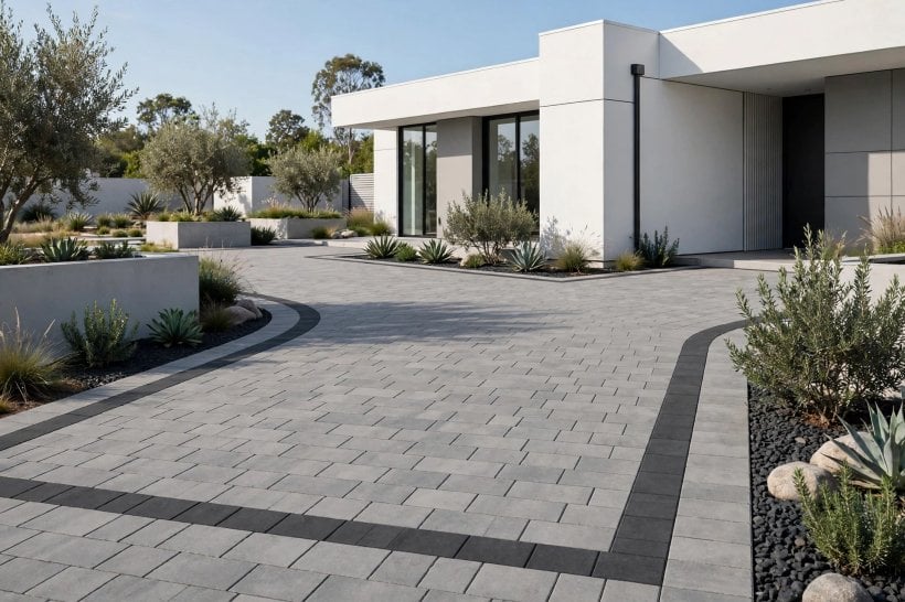 driveway pavers: blended grey and buff blocks in front of a house