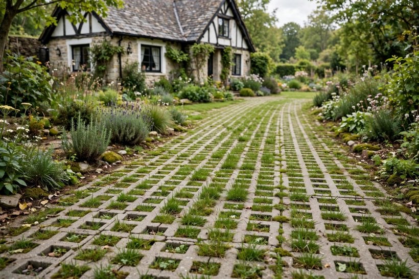 driveway pavers: narrow driveway with a widening border pattern