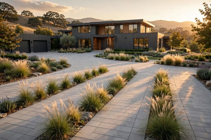 driveway pavers: stone slabs combined with gravel and planting