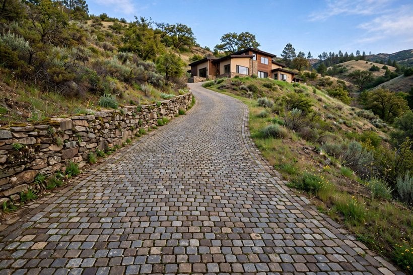 driveway pavers: finished driveway with lighting and low planting