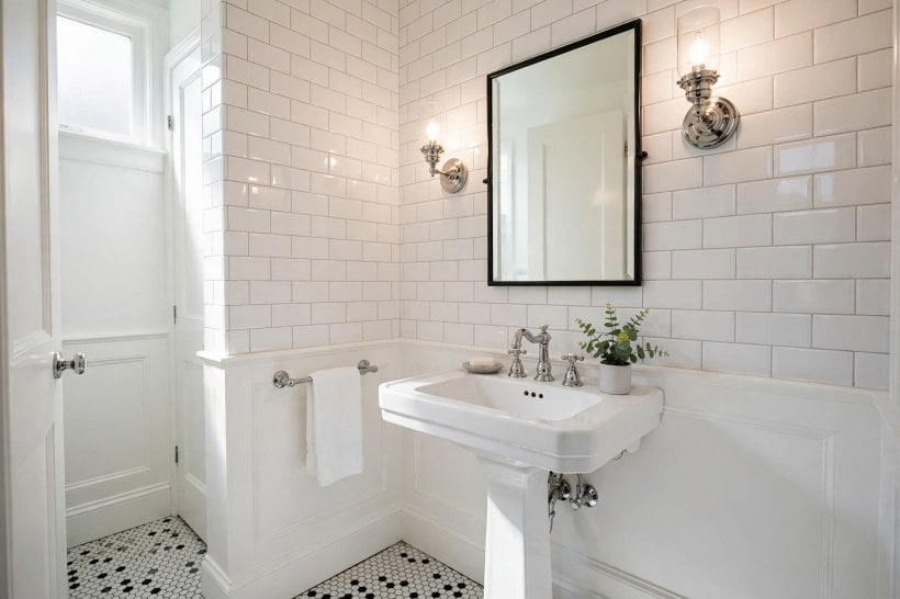 bathrooms with pedestal sinks: centred pedestal beneath a round mirror