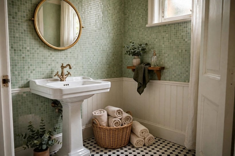 bathrooms with pedestal sinks: arched mirror with wall lights above a pedestal